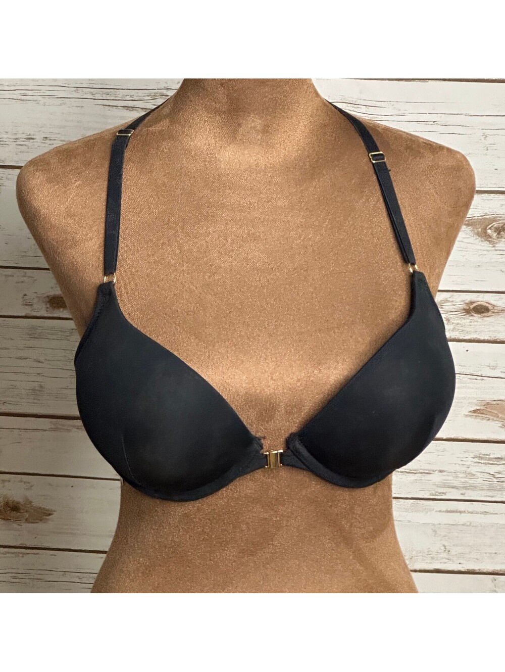 Adore Me black front closure floral lace racerback plunge push-up bra Size 32D